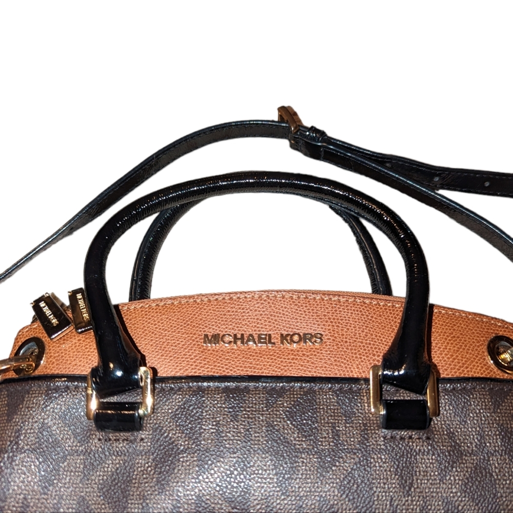 Michael Kors Aubrie Leather Brown MK Small Satchel Crossbody Bag Purse - Picture 3 of 13